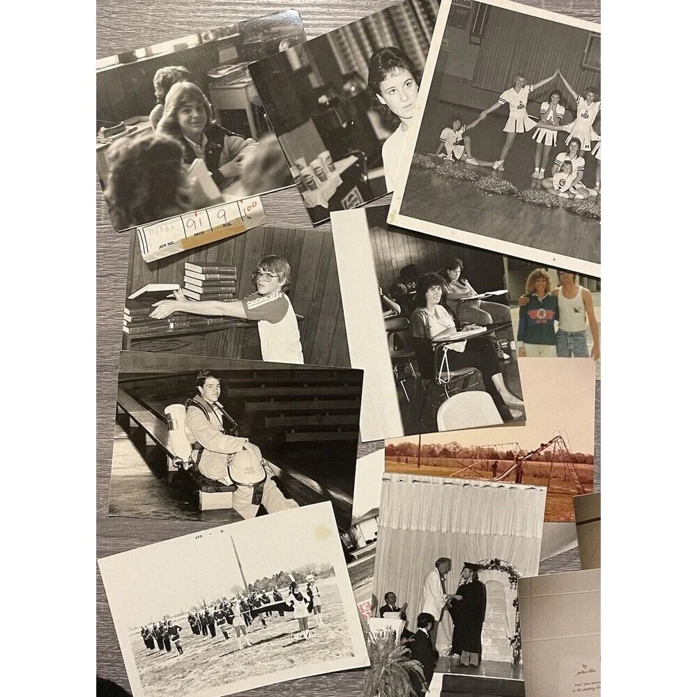 23 School Yearbook Photos w/Tags 1980’s B&W and Color Sports Cheerleading Band